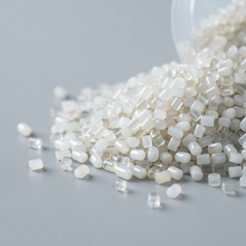 Pile of translucent polymer resin pellets on a light studio background