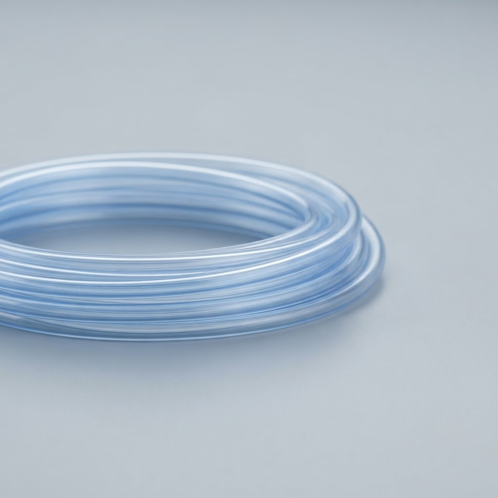 Coiled flexible clear medical tubing extruded from thermoplastic elastomer